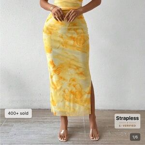 SHEIN Yellow Tie-Dye Strapless Dress with Side Slit